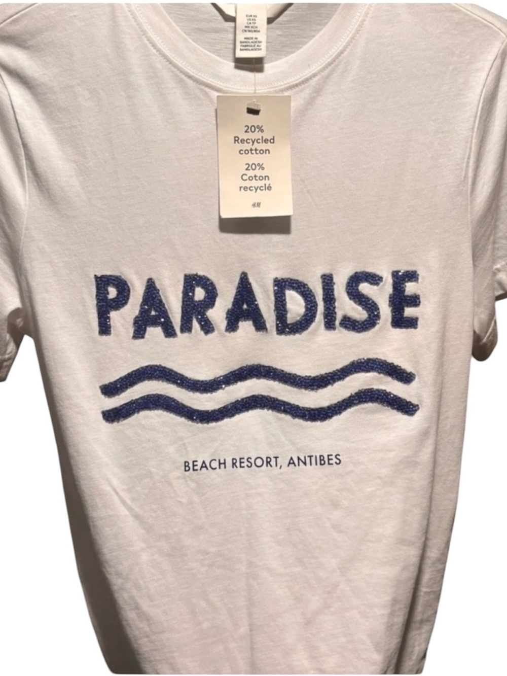 H&M White Cotton ‘PARADISE' Graphic Tee with Blue Glitter Design oversized XS